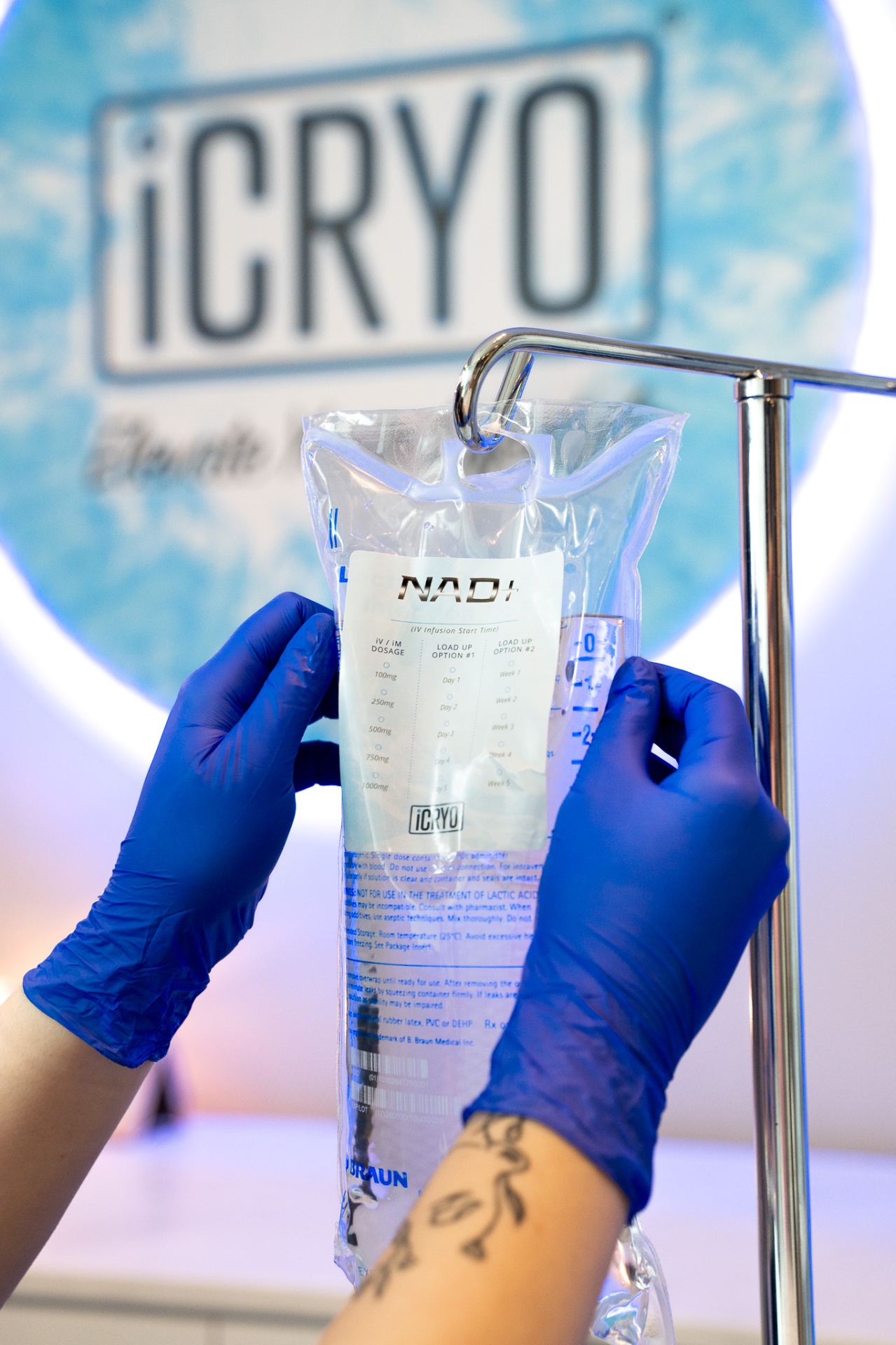 iCRYO SouthPark NAD+ IV infusion bag with dosing chart